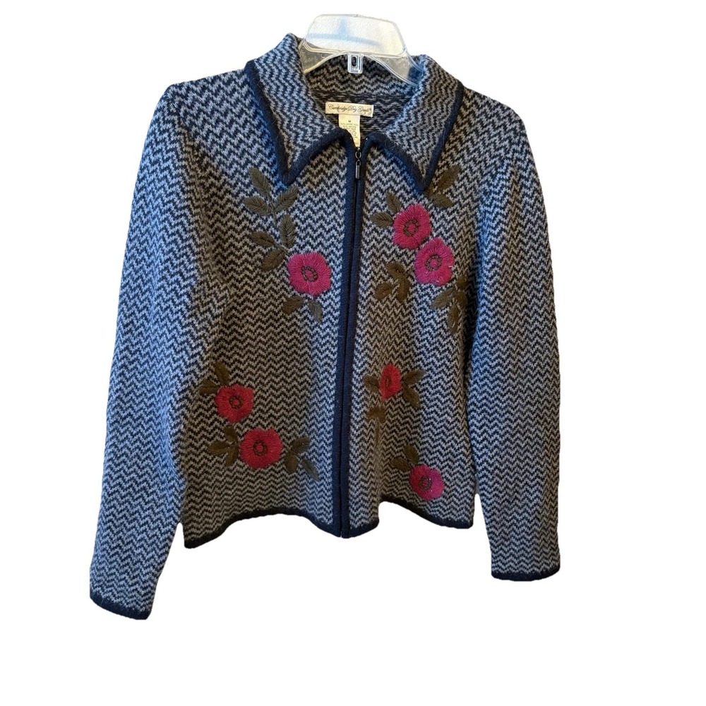 Cambridge Dry Goods Cardigan Zip Navy Chevron Embroidered Wool Angora Womens M